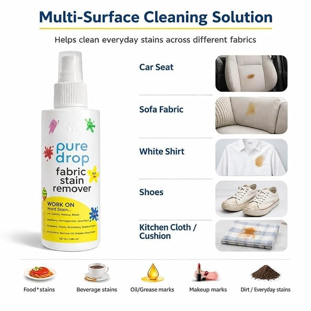 Enspire Goodies Pure Drop Fabric Stain Remover Spray 100ml, Food Stain Remover for Clothes, Fresh Stain Cleaner for All Fabrics, Everyday Laundry Care Solution (Pack of 2)